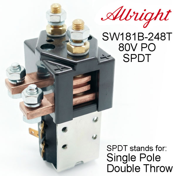Albright Single Pole Double Throw DC Contactor SW181B-248T, SPDT, Rated for 80V 200A, With Magnetic Blowout, Designed for Regenerative Braking and Reversing in Electric Forklifts, Pallet Jacks, and Industrial Trucks