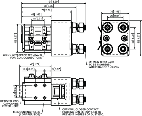 SW82-90P DC Contactor Dimensions