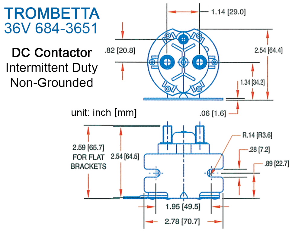 Dimensions of TROMBETTA 684-xx51 150A DC Contactor