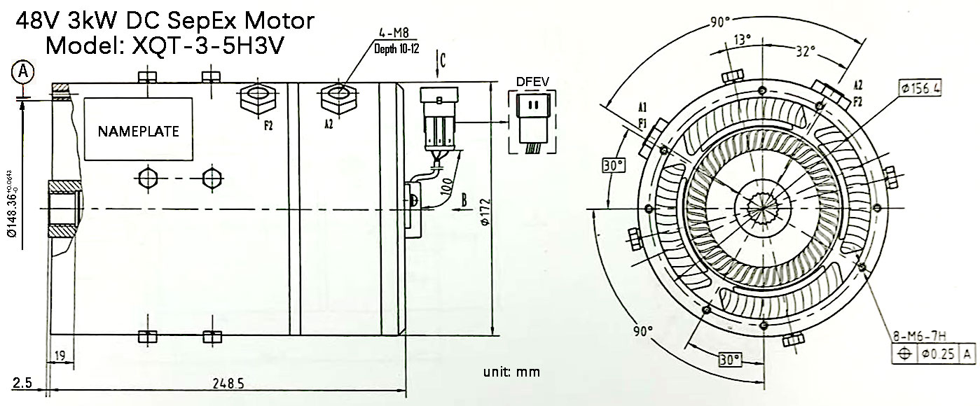 48V 3kW DC SepEx Motor (Shunt Wire Type), Model XQT-3-5H3V, Product Diagram